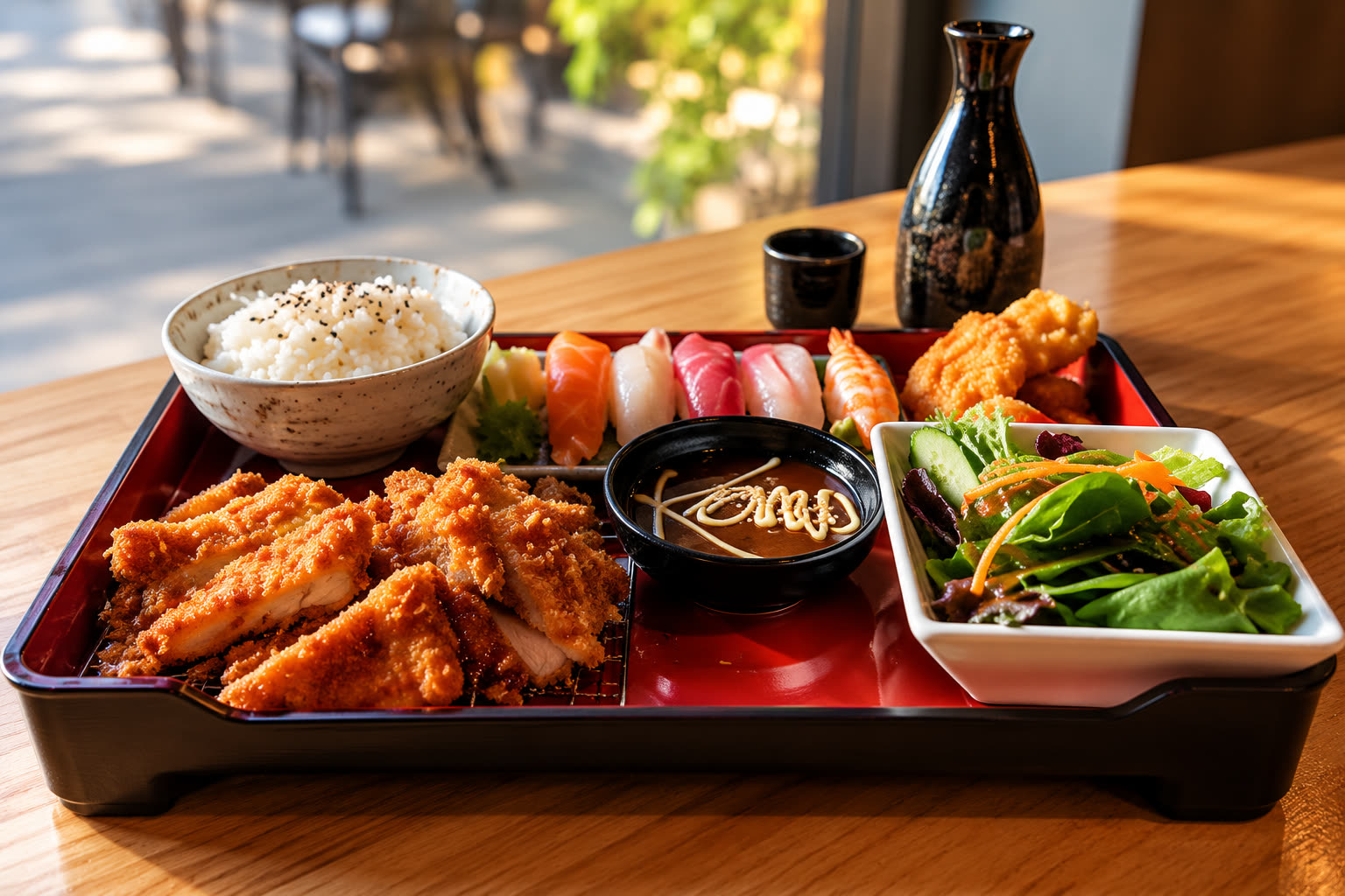 KOMO Sushi bento box with assorted Japanese dishes