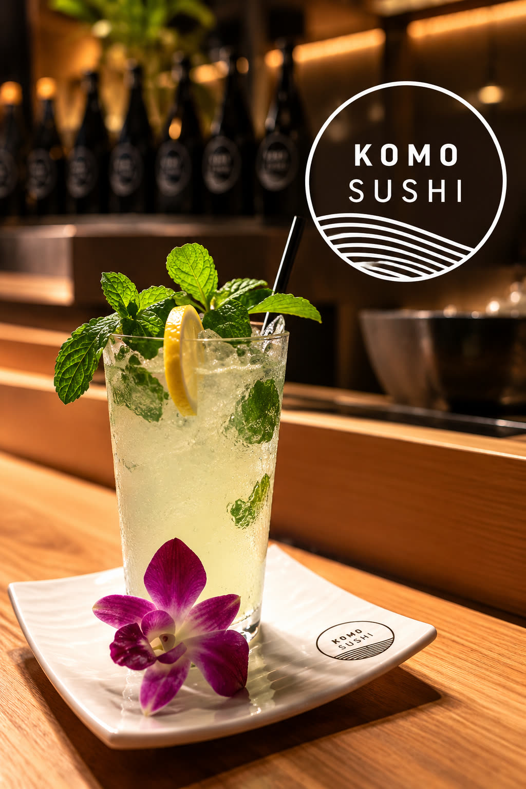 KOMO Lemonade with mint, lemon and an orchid garnish